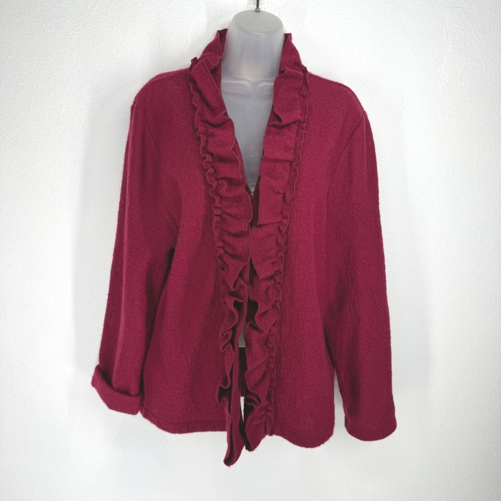 Appleseeds Burgundy 100% Boiled Wool Ruffle Front Cardigan Sweater Jacket Size L